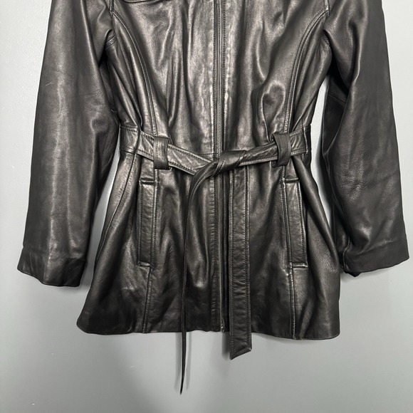 Jacqueline Ferrari Black Lambskin Leather Belted Jacket Coat Women's Medium Y2k - Picture 3 of 11
